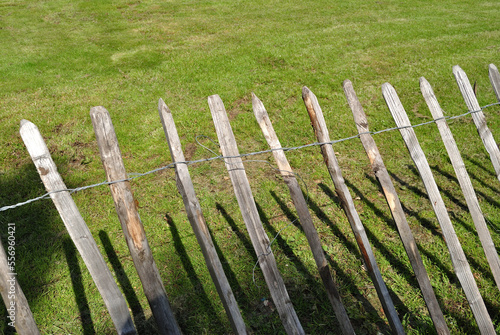 Old Wood and Wire Fence beside Grassy Lawn photo