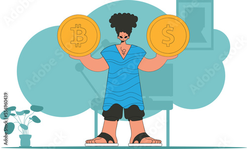 A man holds a dollar and a bitcoin in his hands. Cryptocurrency and fiat exchange theme.