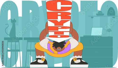 A man holds a falling cryptocurrency. funny character. Theme of interaction with digital monetary assets.