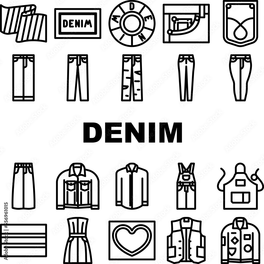 denim textile material fashion icons set vector. fabric blue, texture cloth, canvas cotton, clothing jeans, wea style, textured cloth denim textile material fashion black contour illustrations denim textile material fashion icons set vector. fabric blue, texture cloth, canvas cotton, clothing jeans, wea style, textured cloth denim textile material fashion black contour illustrations