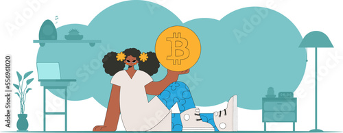 The girl is holding a bitcoin. Cryptocurrency theme.