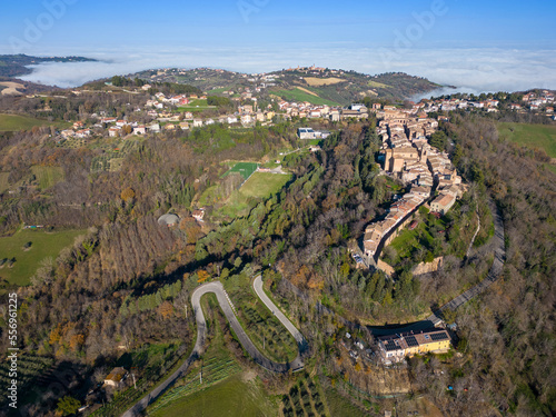 Italy, December 2022: aerial view of the beautiful medieval village of Mondaino in the province of Rimini in the Emilia Romagna region bordering the Marche region © cristian