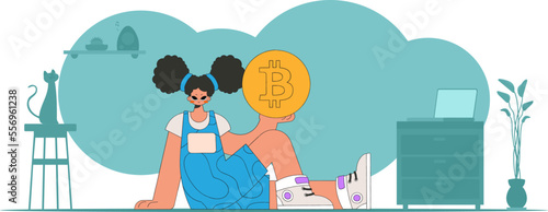 The girl is holding a bitcoin. Cryptocurrency concept.