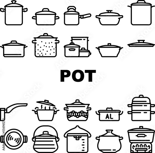 pot kitchen food pan cooking icons set vector. cook soup, saucepan lid, steel chef, kitchenware metal, stove utensil, stainless pot kitchen food pan cooking black contour illustrations