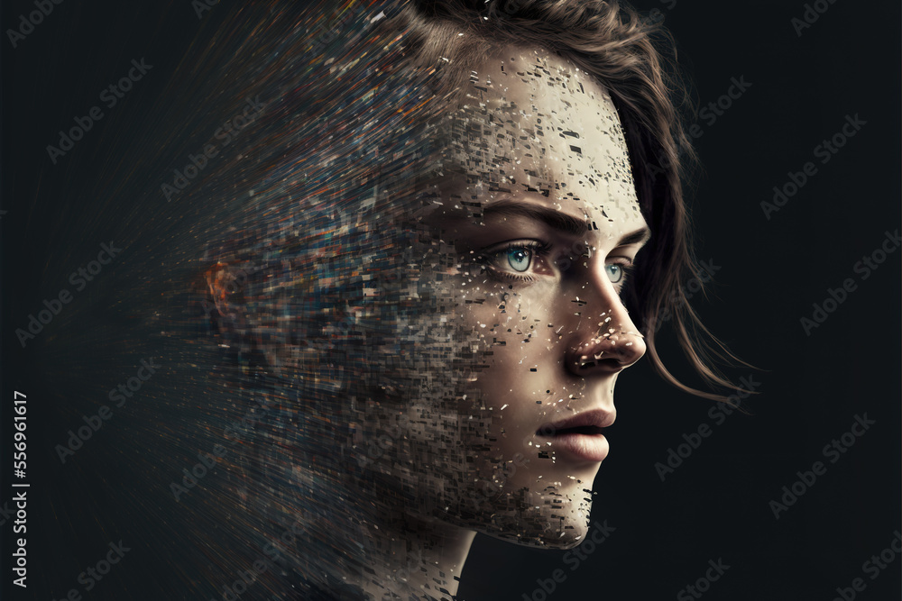 Female face made out from bits of data, Generative AI illustration