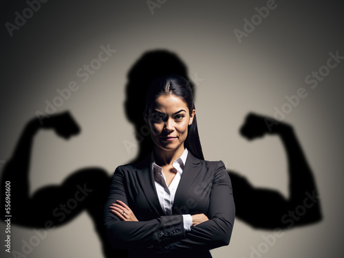 Leader with strong personality concept, with business woman having her shadow flex muscles, Generative AI Illustration