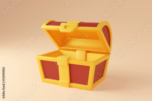 3d open treasure box. Empty treasure chest. 3d render illustration.