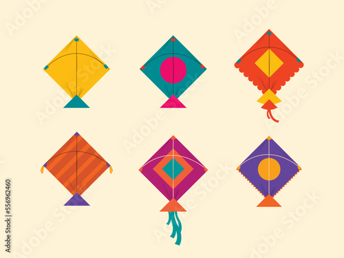Colourful Makar Sankranti kites set on isolated background. Editable vector file. 