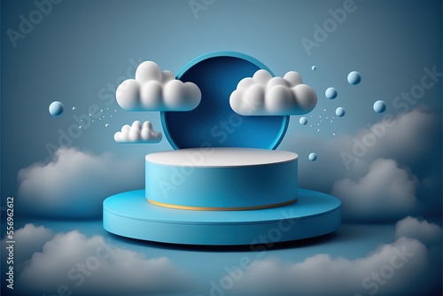 Fotografia Blue background with a product podium surrounded by blue clouds