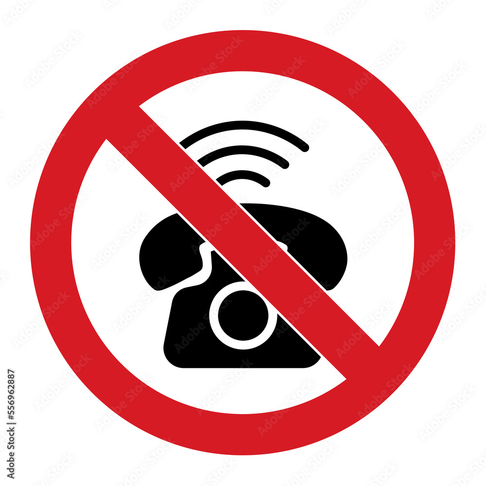 Telephone or smartphone silhouette in red crossed circle isolated on background Telephone or smartphone silhouette in red crossed circle isolated on background