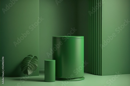 green cylinder Product Stand in green room ,Studio Scene For Product ,minimal design. Generative AI