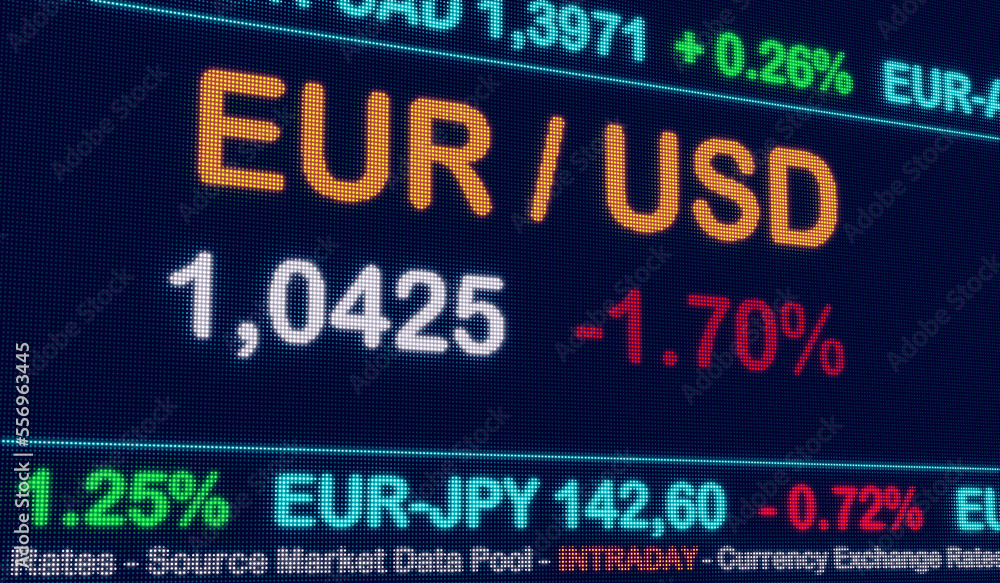 EUR - USD exchange rate, currency trading screen. Euro drops against US Dollar on the monitor. Currency exchange, business, investment and trading concept. 3D illustration EUR - USD exchange rate, currency trading screen. Euro drops against US Dollar on the monitor. Currency exchange, business, investment and trading concept. 3D illustration