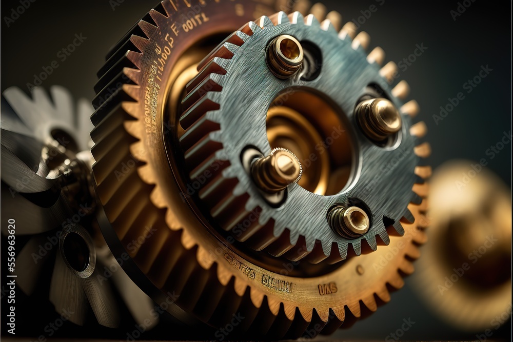 Macro photo of tooth wheel mechanism with PRODUCTIVITY, EFFICIENCY, PROCESS, GOAL, SYSTEM, PERFORMANCE and IMPROVEMENT. Generative AI Macro photo of tooth wheel mechanism with PRODUCTIVITY, EFFICIENCY, PROCESS, GOAL, SYSTEM, PERFORMANCE and IMPROVEMENT. Generative AI