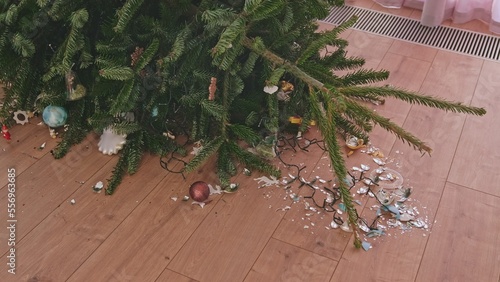 Fallen Over Christmas Tree with Broken Glass Baubles Decorations Shattered on Floor