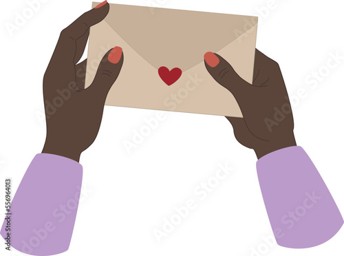 Vector illustration of black woman hands holding envelope with heart in cartoon style