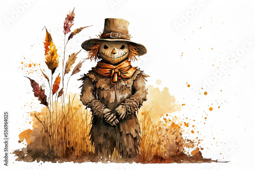American style scarecrow in an autumnal setting, painted in watercolor and set against a background of white. Thanksgiving backdrop in the form of a fall themed animation card, invitation, or graphic photo