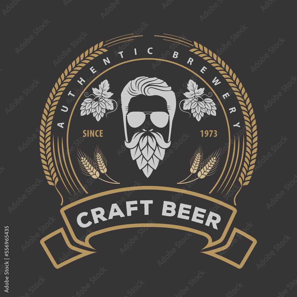 Craft Beer, Authentic Brewery logo design template with Man with beard made of hop cone. Vector illustration