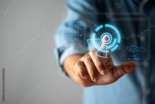 Man scans finger through touch screen