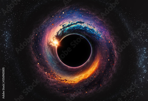 A black hole with a glowing constellation of various colors revolves around a black hole in the universe. photo