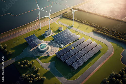 Concept of renewable energy. aerial picture of a wind and solar energy facility. Generative AI photo