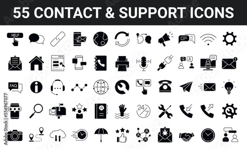 Set of 55 Contact us, support and Help icons in filled style. Simple vector illustration. Assistance, customer, review, 24 hrs, contact. 