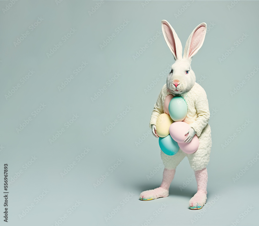 Easter pastel creative concept. Little cute bunny stands like a man on two legs in a pastel suit, welcoming the holidays. Small animal rabbit. Illustration. Generative AI. Easter pastel creative concept. Little cute bunny stands like a man on two legs in a pastel suit, welcoming the holidays. Small animal rabbit. Illustration. Generative AI.