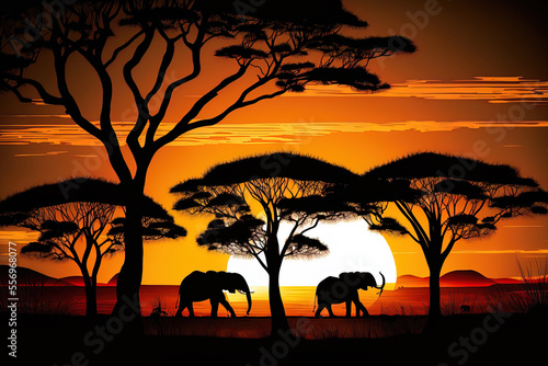 African sunset with outlines of trees and elephants. Generative AI