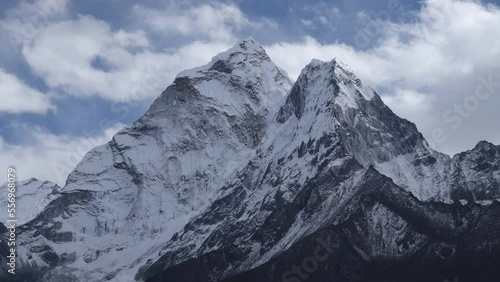 Timelapse - Ama Dablam mountain landscape at the Everest Base Camp trek in the Himalaya, Nepal. Himalaya landscape and mountain views.