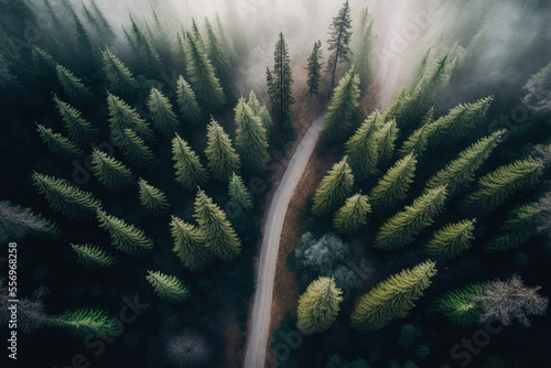 aerial photo of a foggy woodland. View from the top of a gravel road through a magnificent spruce forest in the early mist. a backdrop of fir tree tops and greenery. Generative AI