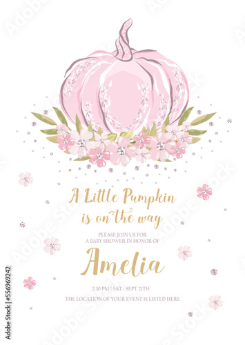 Baby shower invitation template with pumpkin and flowers. It's a girl