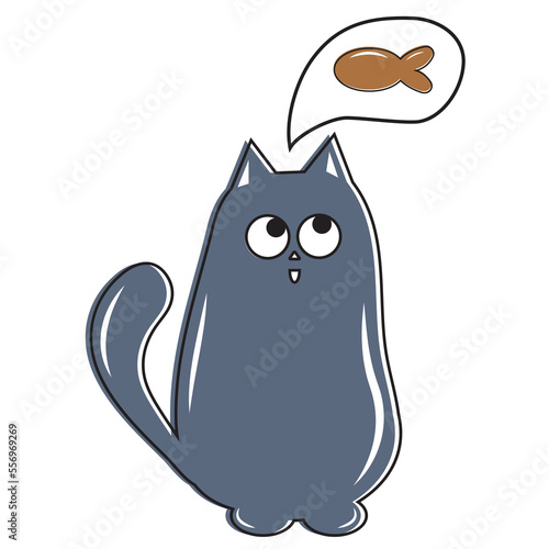 Cute cat dreams of food, color vector illustration in doodle style