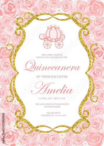 Quinceanera Birthday celebration invitation card for Latin America girl in floral design theme decoration with beautiful flowers, leaves. Vector illustration.