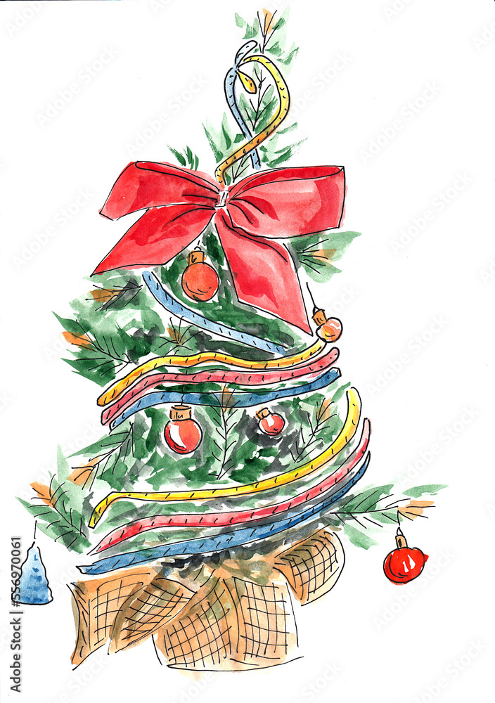 Sketch of a Christmas tree with a big red bow on white background. Hand drawn watercolor with paper texture. Raster image