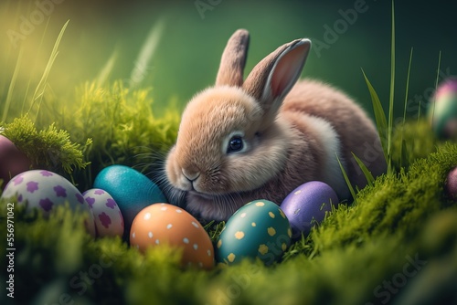 Happy Easter holiday. Easter bunny and eggs. Generative AI