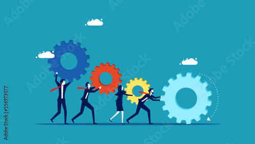 Business people work together or work as a team to create an organization. cooperation business people holding cogs vector