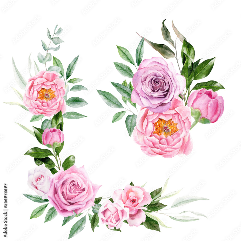 Hand draw watercolor borders with pink roses, peonies and green leaves