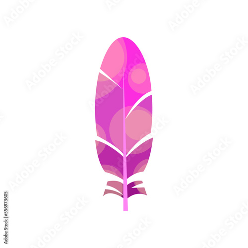 Purple bird feather cartoon illustration. Graphic bright quill with abstract pattern for web design isolated on white background. Plumage concept.