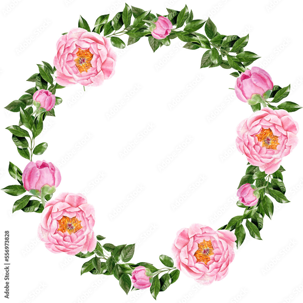 Watercolor wreath with pink peony flowers