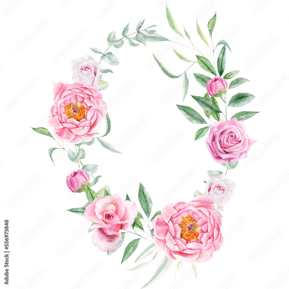 Watercolor wreath with pink rose, peony flowers and greenery