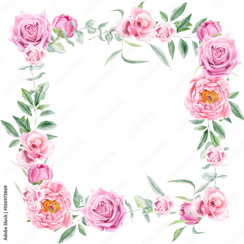 Watercolor wreath with pink rose and peony flowers 
