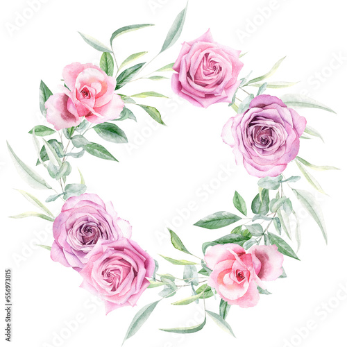 Watercolor wreath frame with pink roses and green leaves