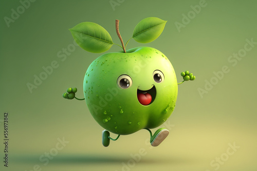 green apple themed cute character, happy, jumping, smooth surface. Generative AI 