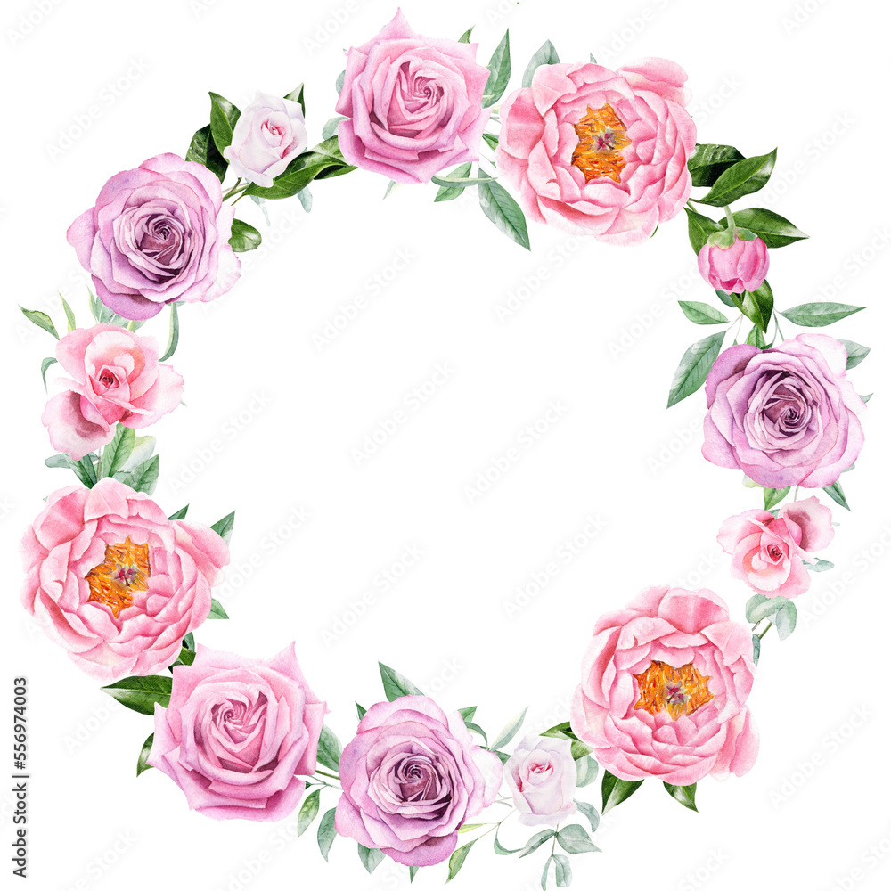 Watercolor wreath with pink rose and peony flowers