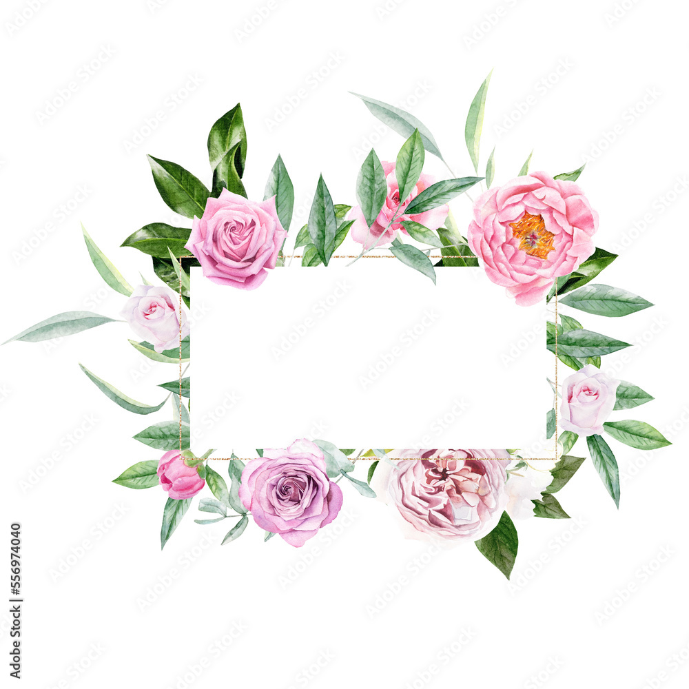 Watercolor frame with pink rose, peony flowers and greenery