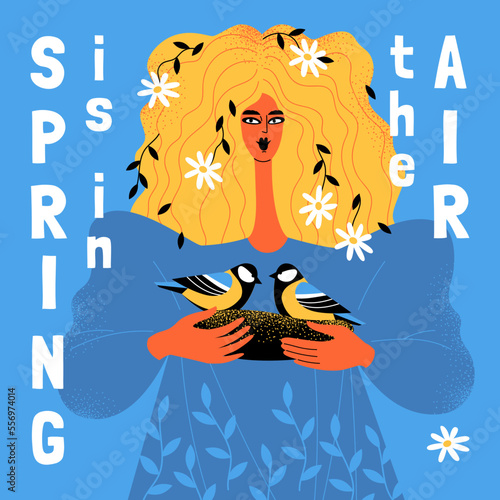 Spring is in the air illustration with a cute girl with a nest of tits in her hands and flowers in her hair