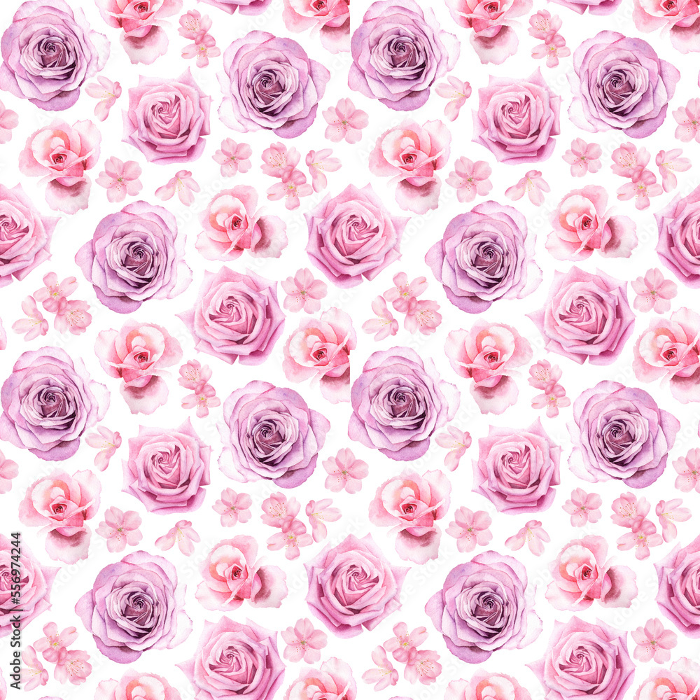 Watercolor seamless pattern with pink rose flowers Watercolor seamless pattern with pink rose flowers