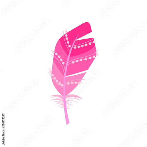 Pink bird feather with pearls cartoon illustration. Graphic bright quill with abstract pattern for web design isolated on white background. Plumage concept.