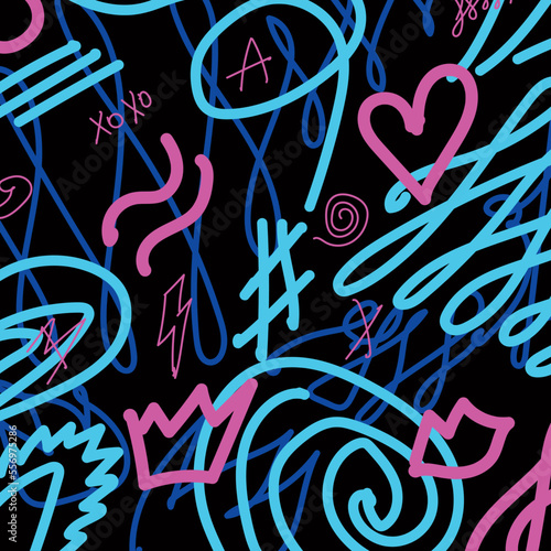 Vector seamless graffiti pattern. On a black background  bright drawings in pink and blue tones. Heart  hash  waves and wills.