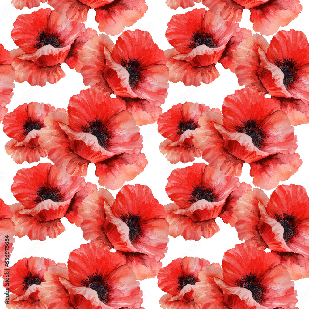Watercolor red poppy flowers in a seamless pattern. Can be used as fabric, wallpaper, wrap.