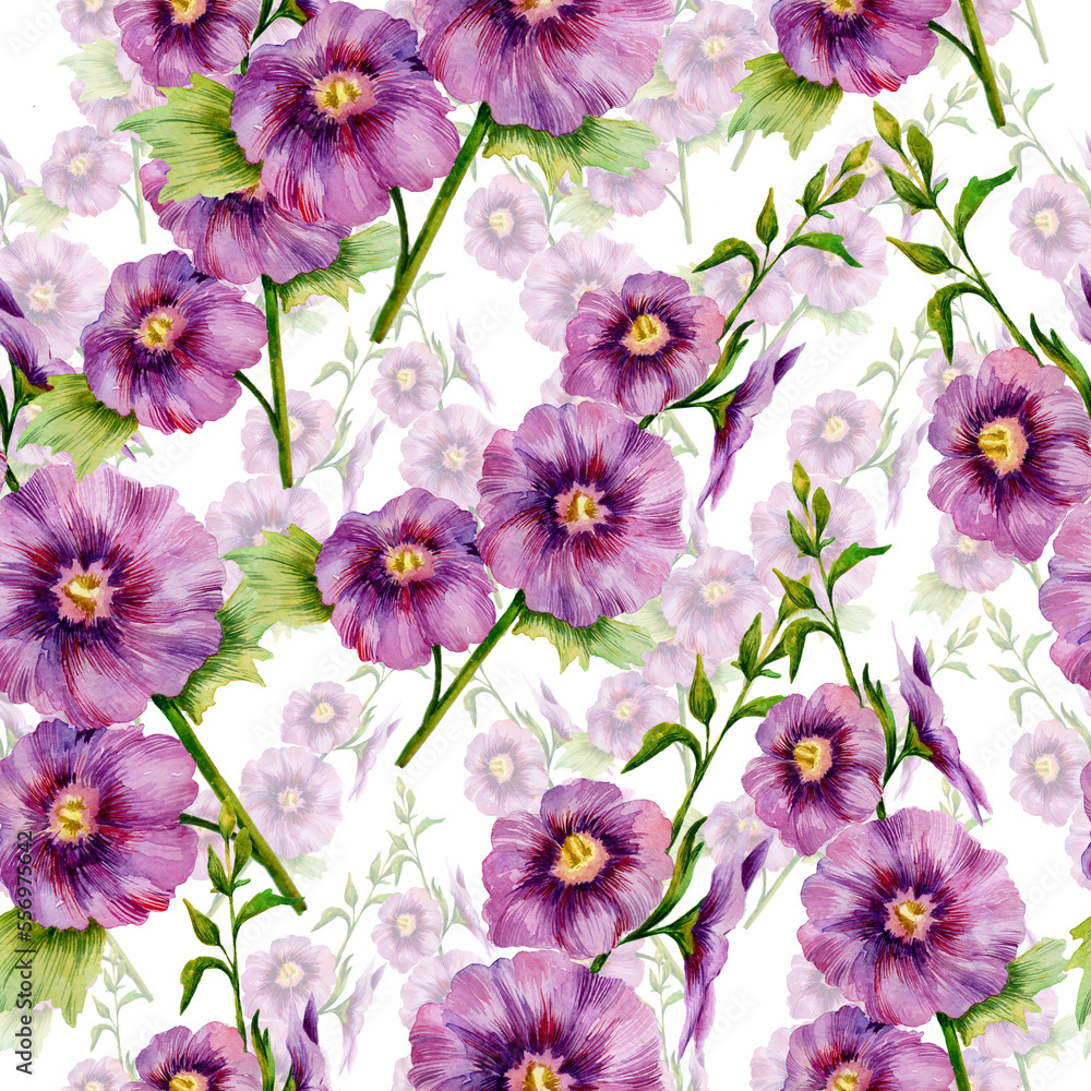 Watercolor mallow flowers in a seamless pattern. Can be used as fabric, wallpaper, wrap.
Watercolor mallow flowers in a seamless pattern. Can be used as fabric, wallpaper, wrap.